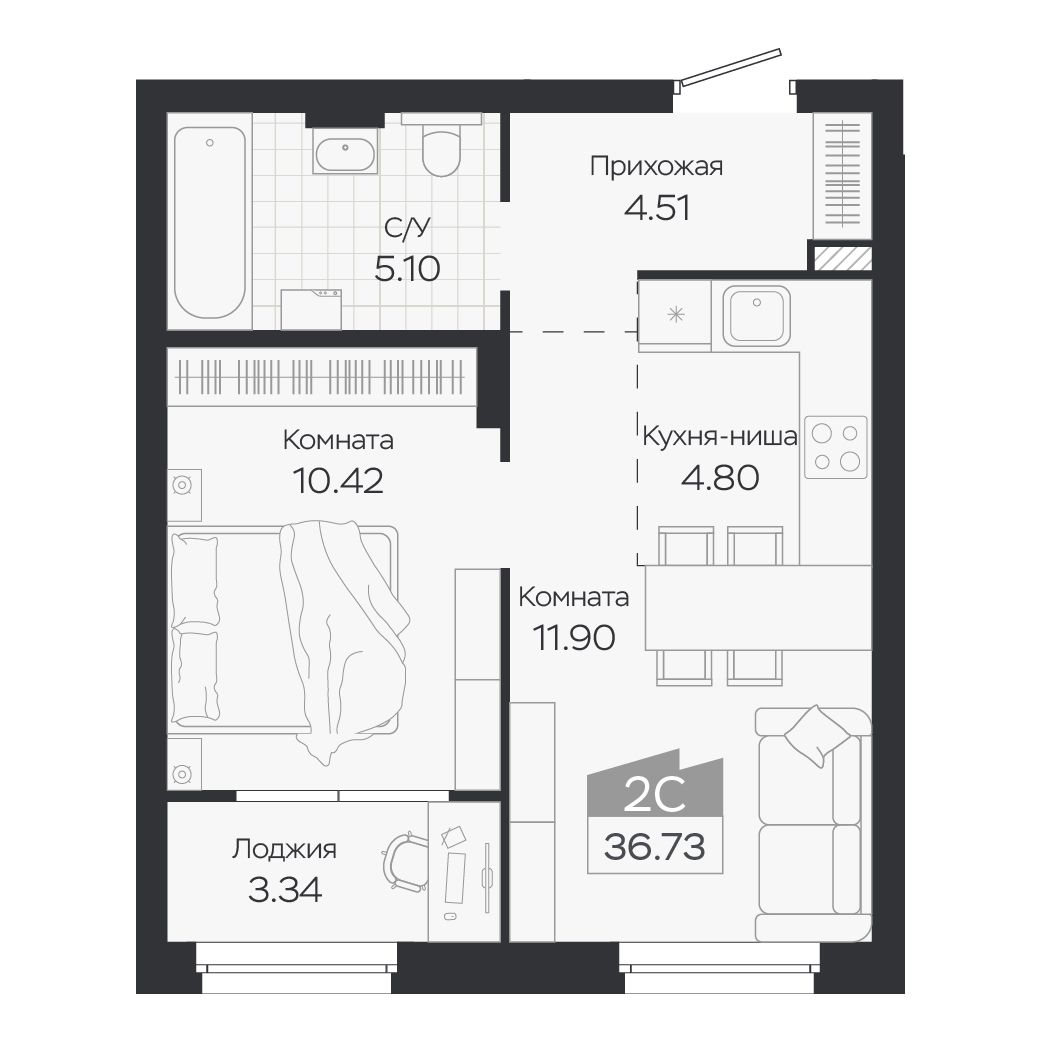 Планировка: Евро-2, 36,73 м²