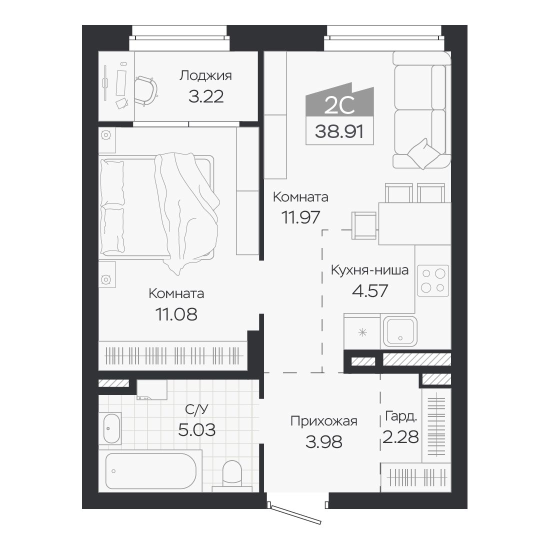 Планировка: Евро-2, 38,91 м²