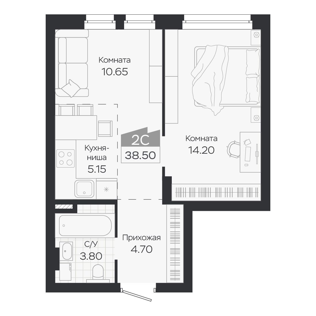 Планировка: Евро-2, 38,5 м²