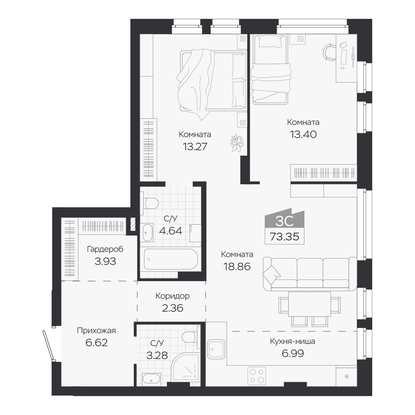 Планировка: Евро-3, 73,35 м²