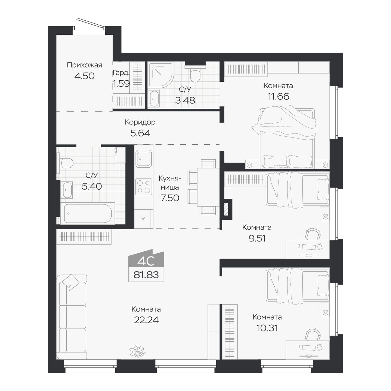 Планировка: Евро-4, 81,83 м²