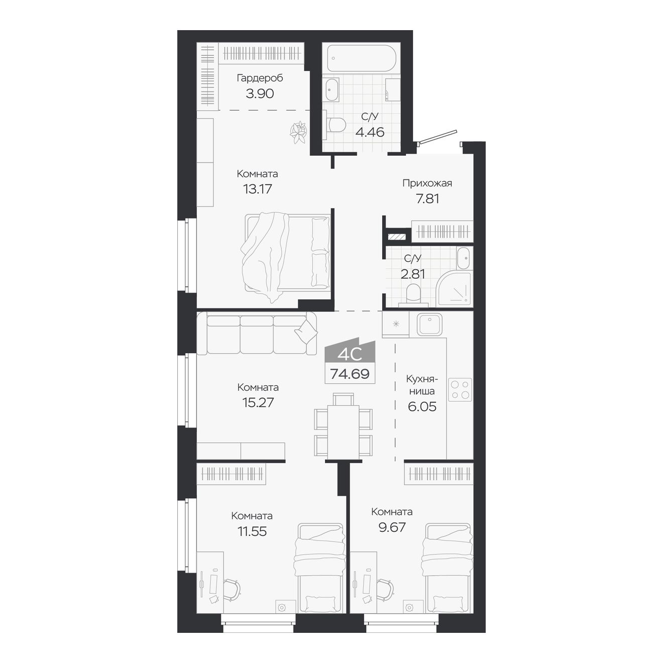 Планировка: Евро-4, 74,69 м²