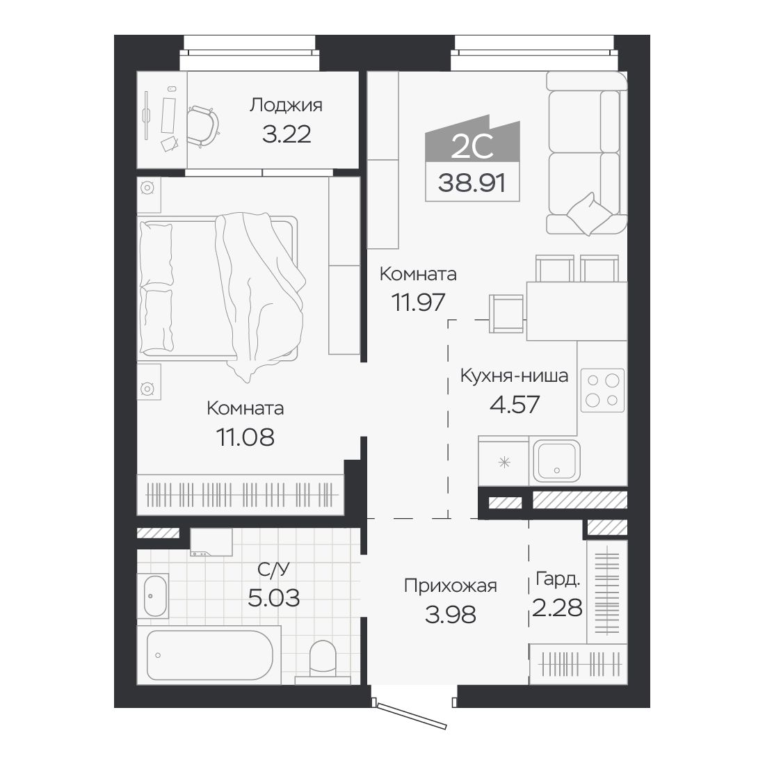 Планировка: Евро-2, 38,91 м²
