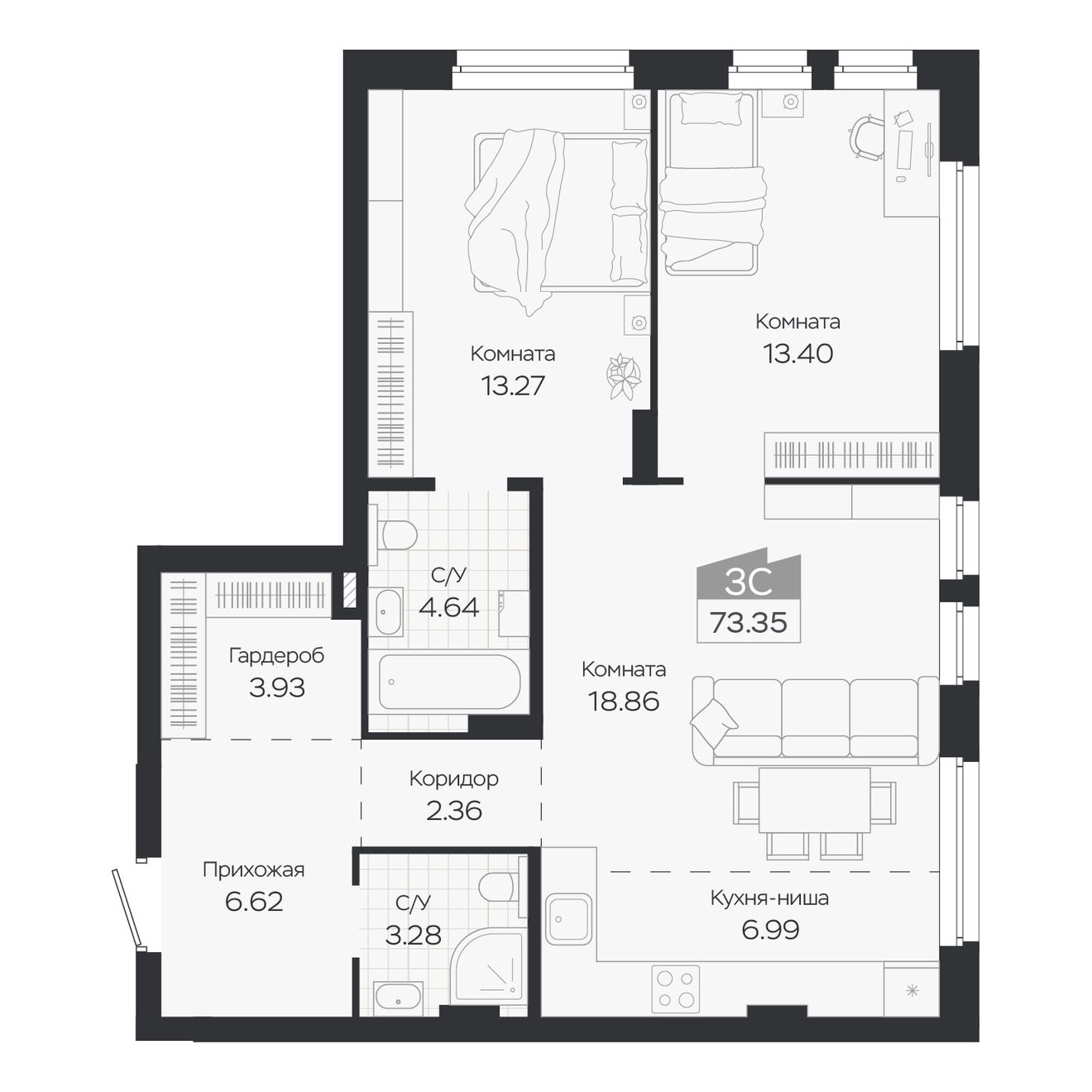 Планировка: Евро-3, 73,35 м²