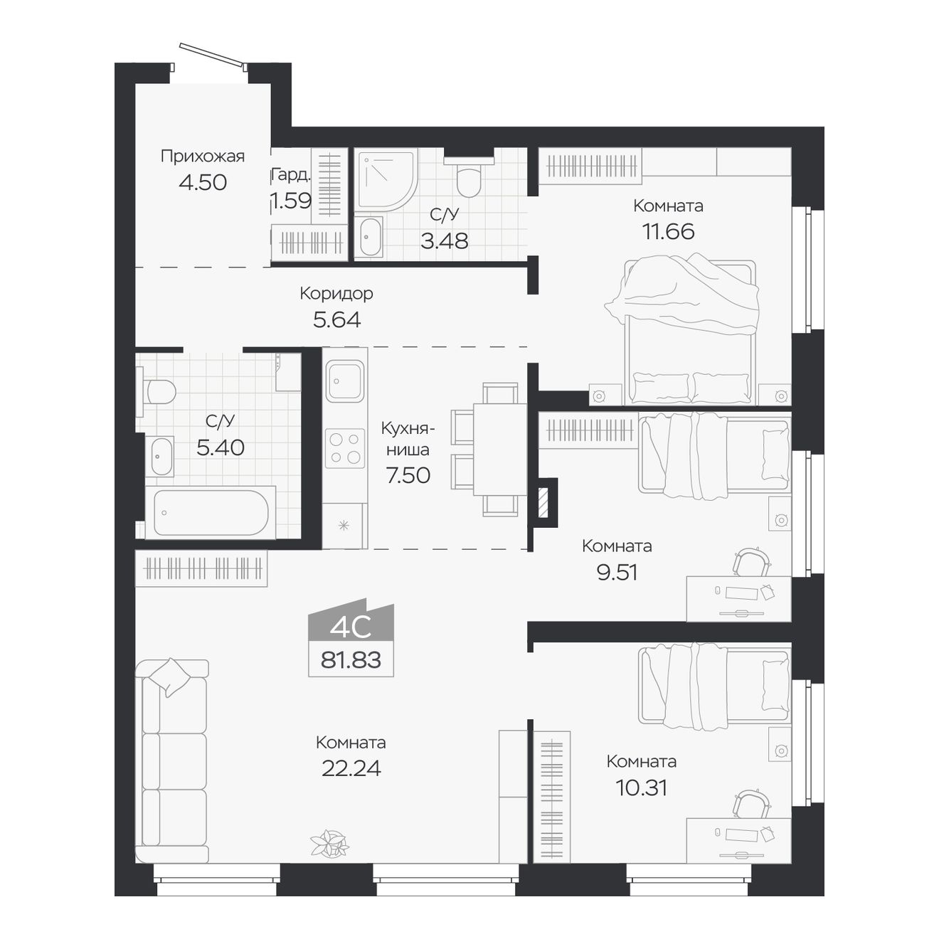 Планировка: Евро-4, 81,83 м²