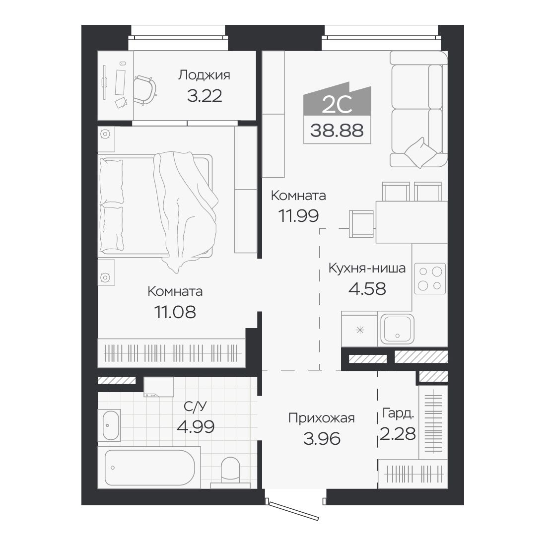 Планировка: Евро-2, 38,88 м²