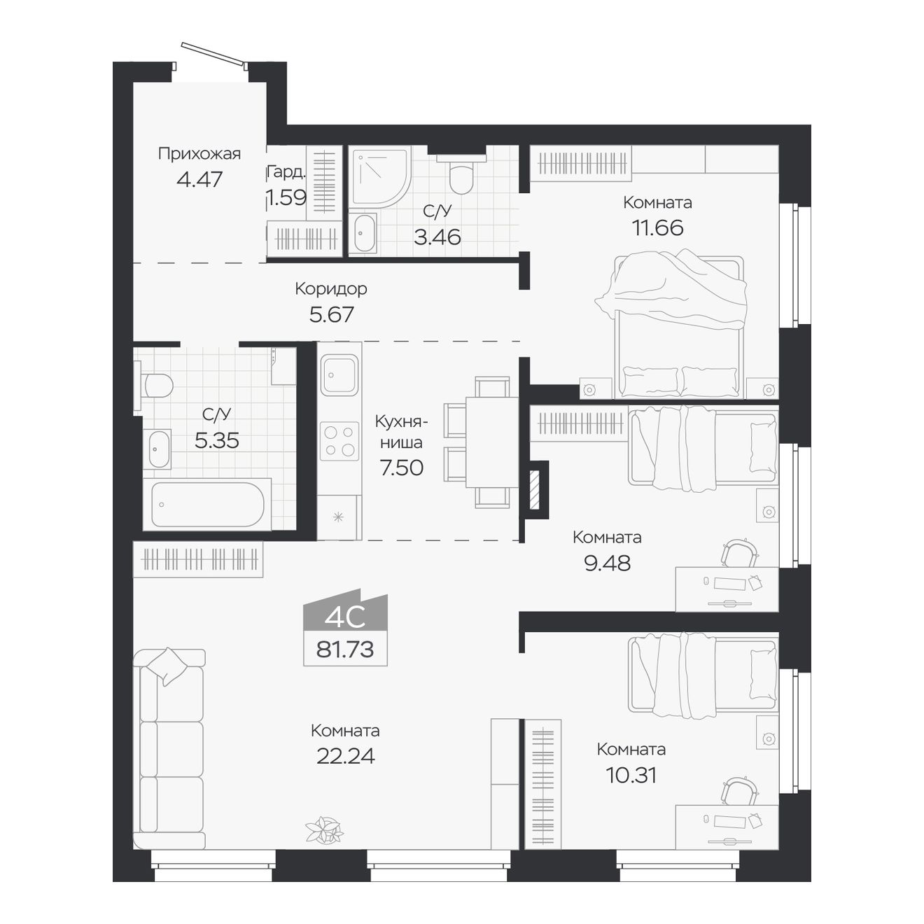 Планировка: Евро-4, 81,73 м²