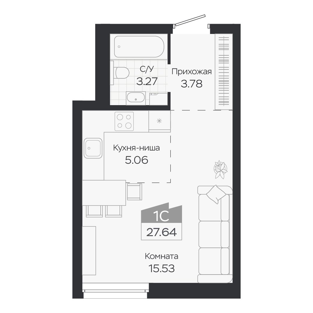 Планировка: Евро-1, 27,64 м²