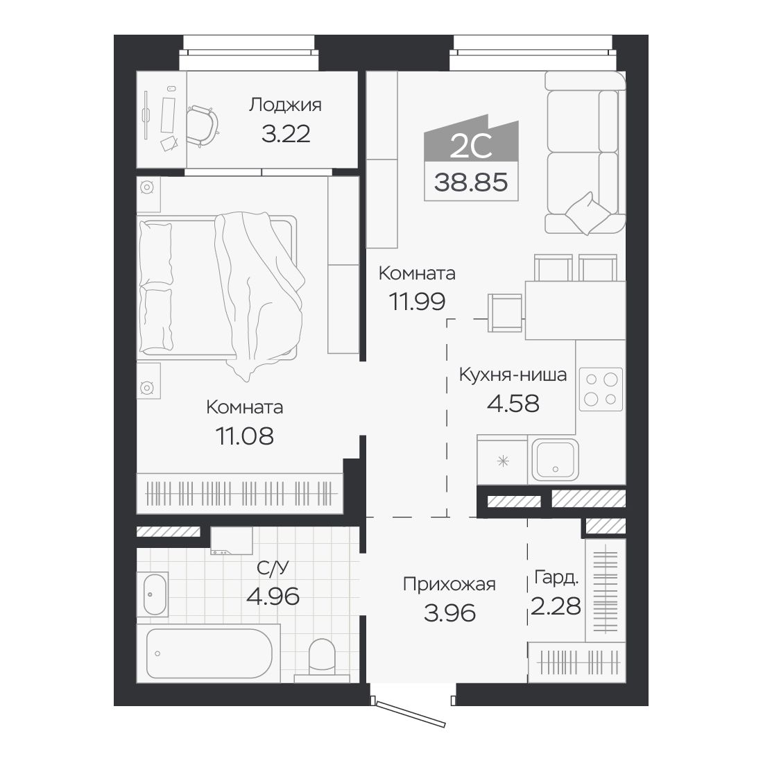 Планировка: Евро-2, 38,85 м²