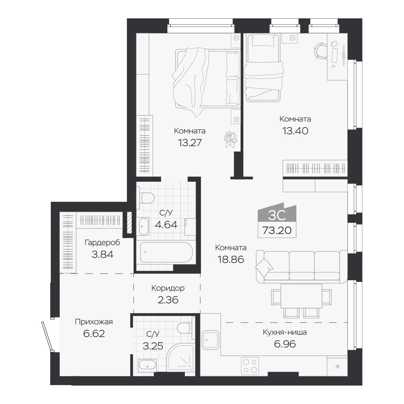 Планировка: Евро-3, 73,2 м²