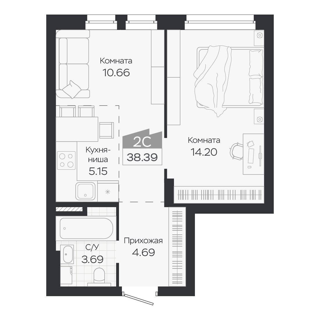 Планировка: Евро-2, 38,39 м²