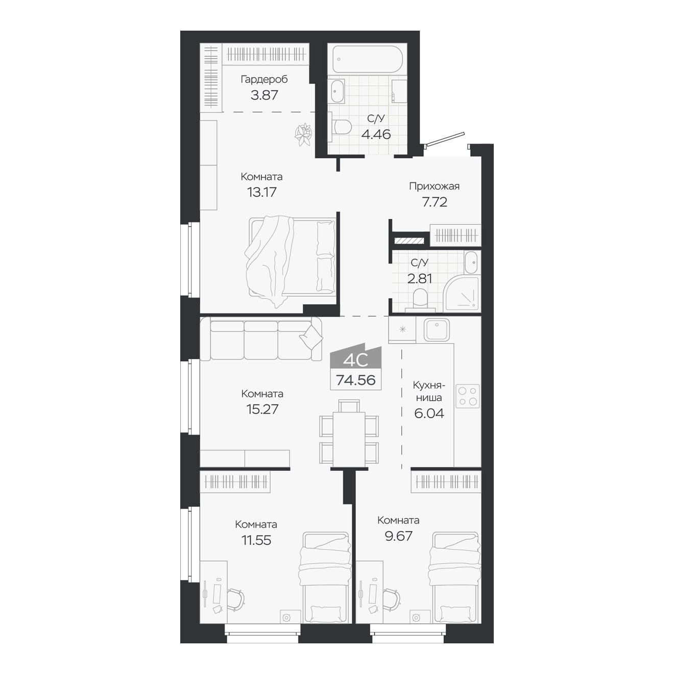 Планировка: Евро-4, 74,56 м²