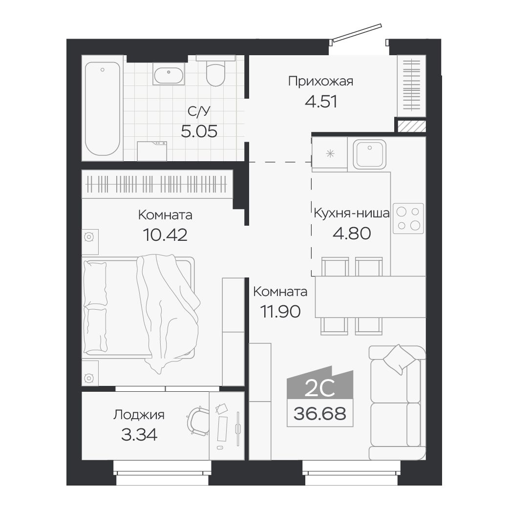 Планировка: Евро-2, 36,68 м²