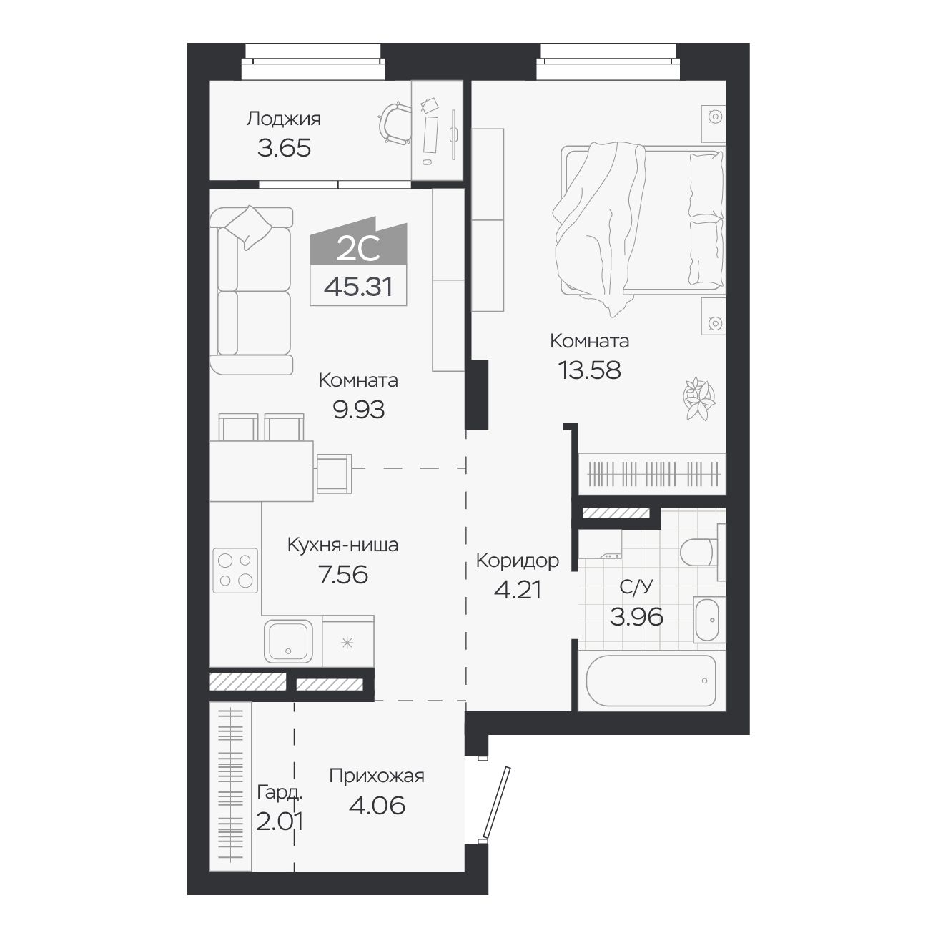 Планировка: Евро-2, 45,31 м²