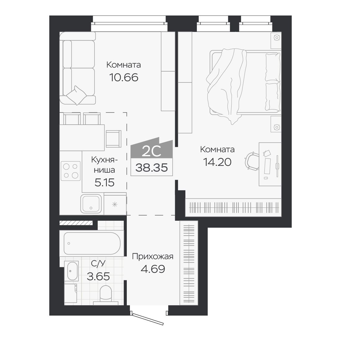 Планировка: Евро-2, 38,35 м²