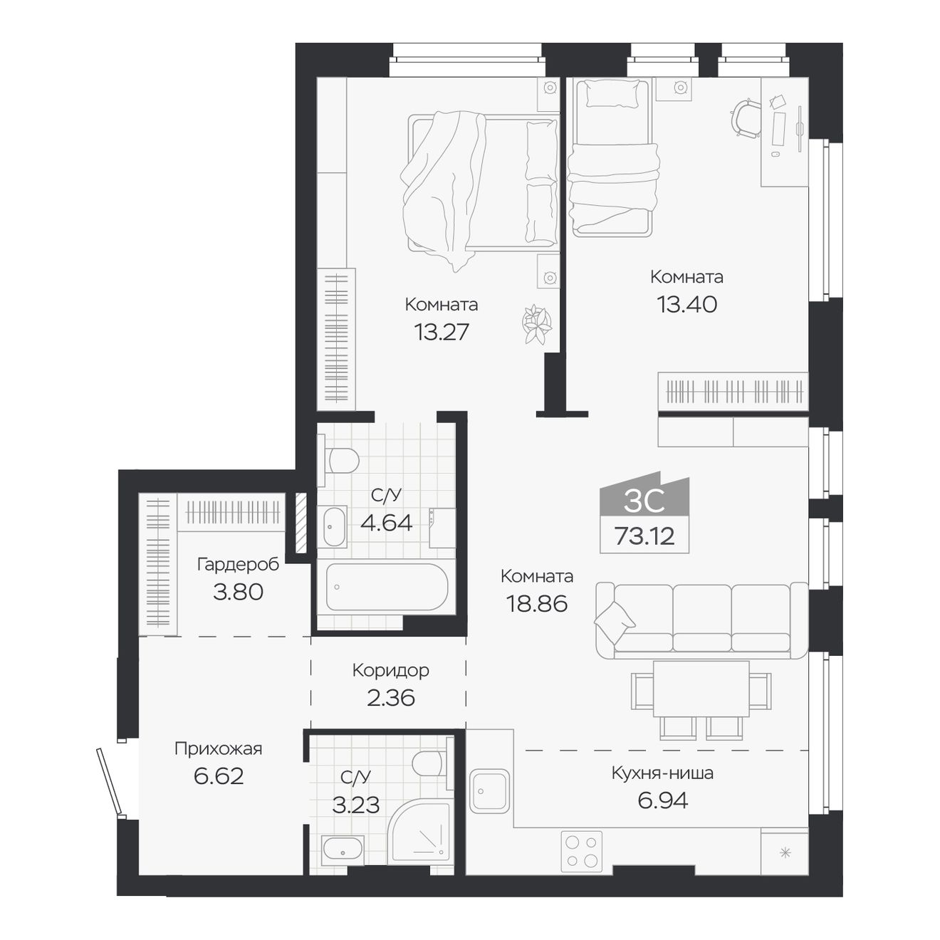Планировка: Евро-3, 73,12 м²