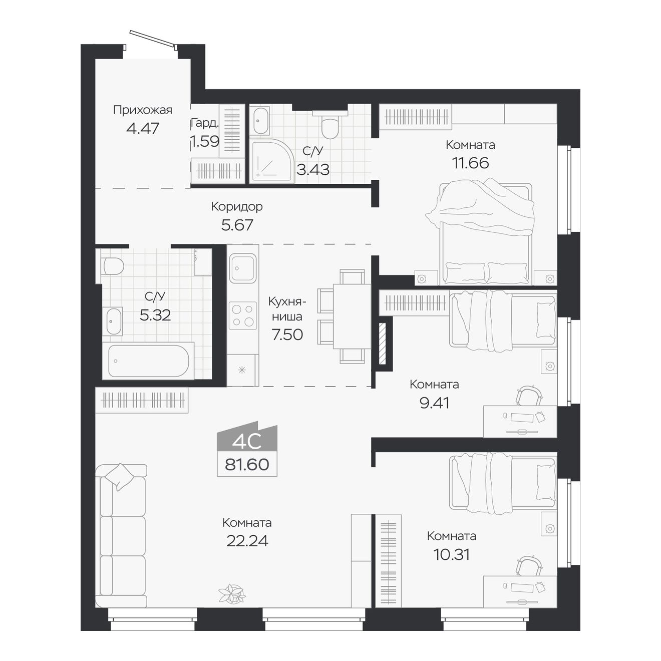 Планировка: Евро-4, 81,6 м²