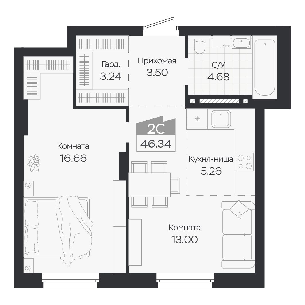 Планировка: Евро-2, 46,34 м²