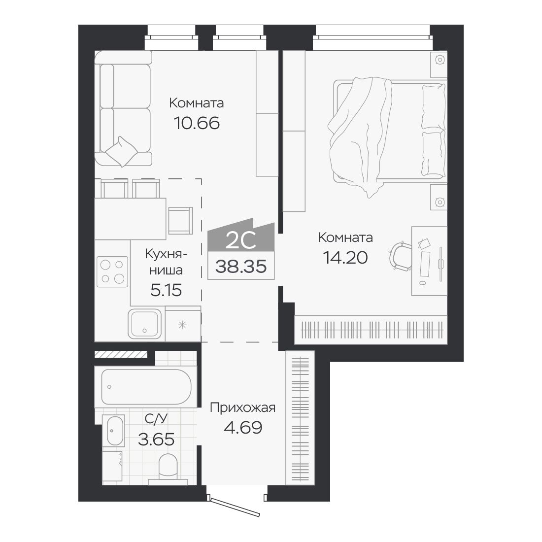Планировка: Евро-2, 38,35 м²
