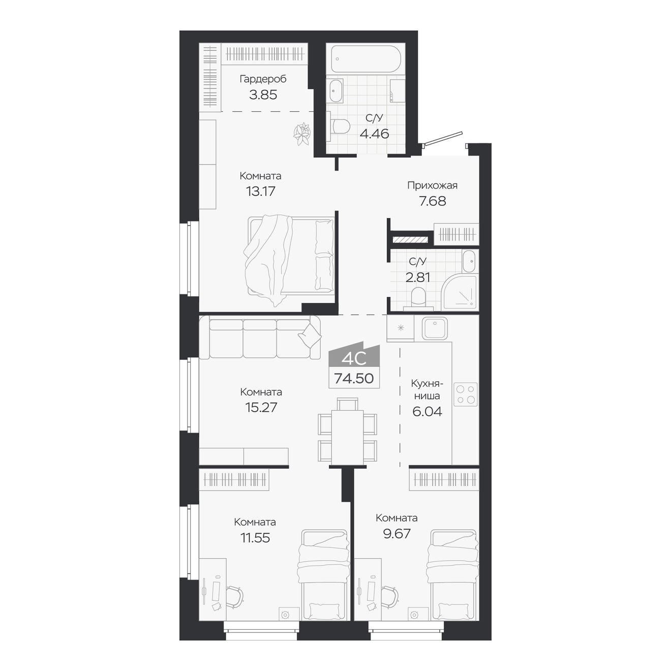 Планировка: Евро-4, 74,5 м²