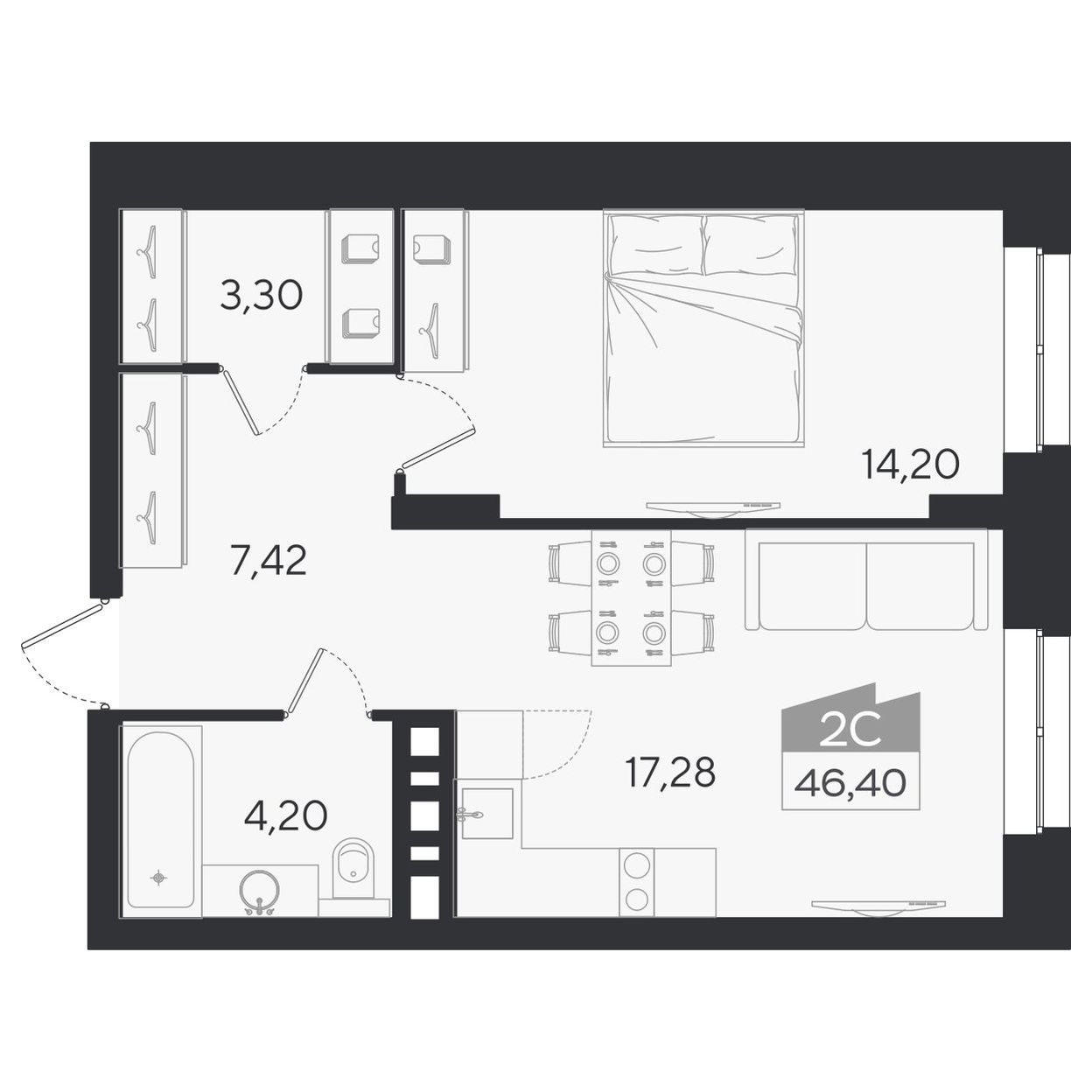 Планировка: 2-комнатная 51,7 м² в ЖК «Ясный берег»
