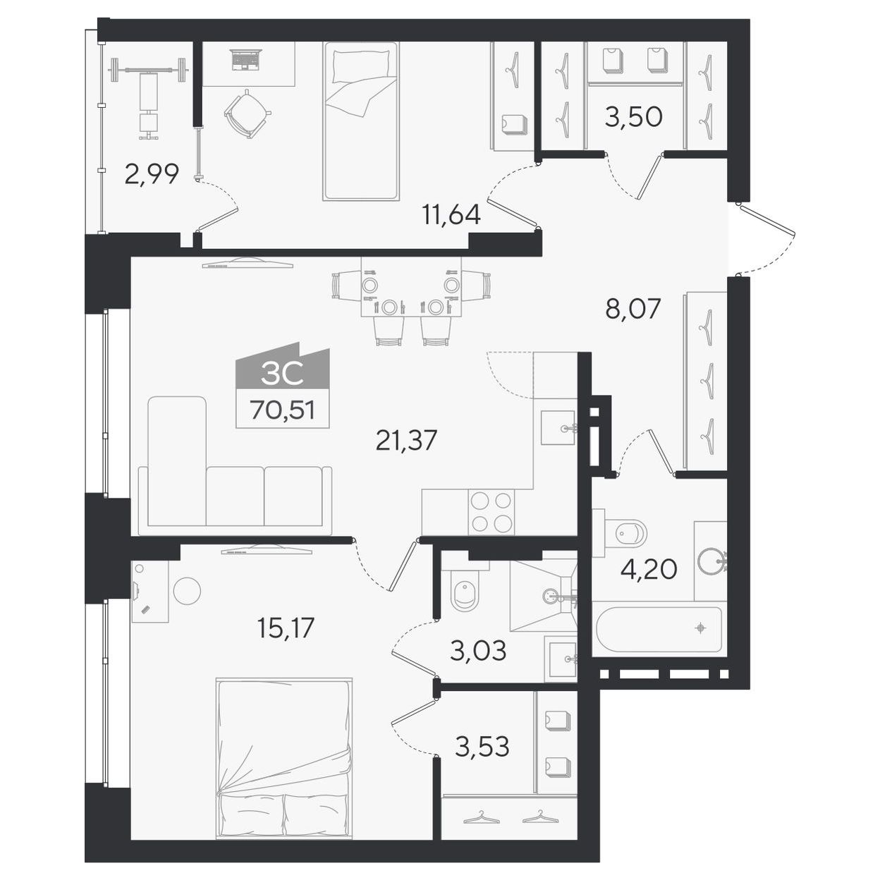 Планировка: 3-комнатная 70,51 м² в ЖК «Ясный берег»