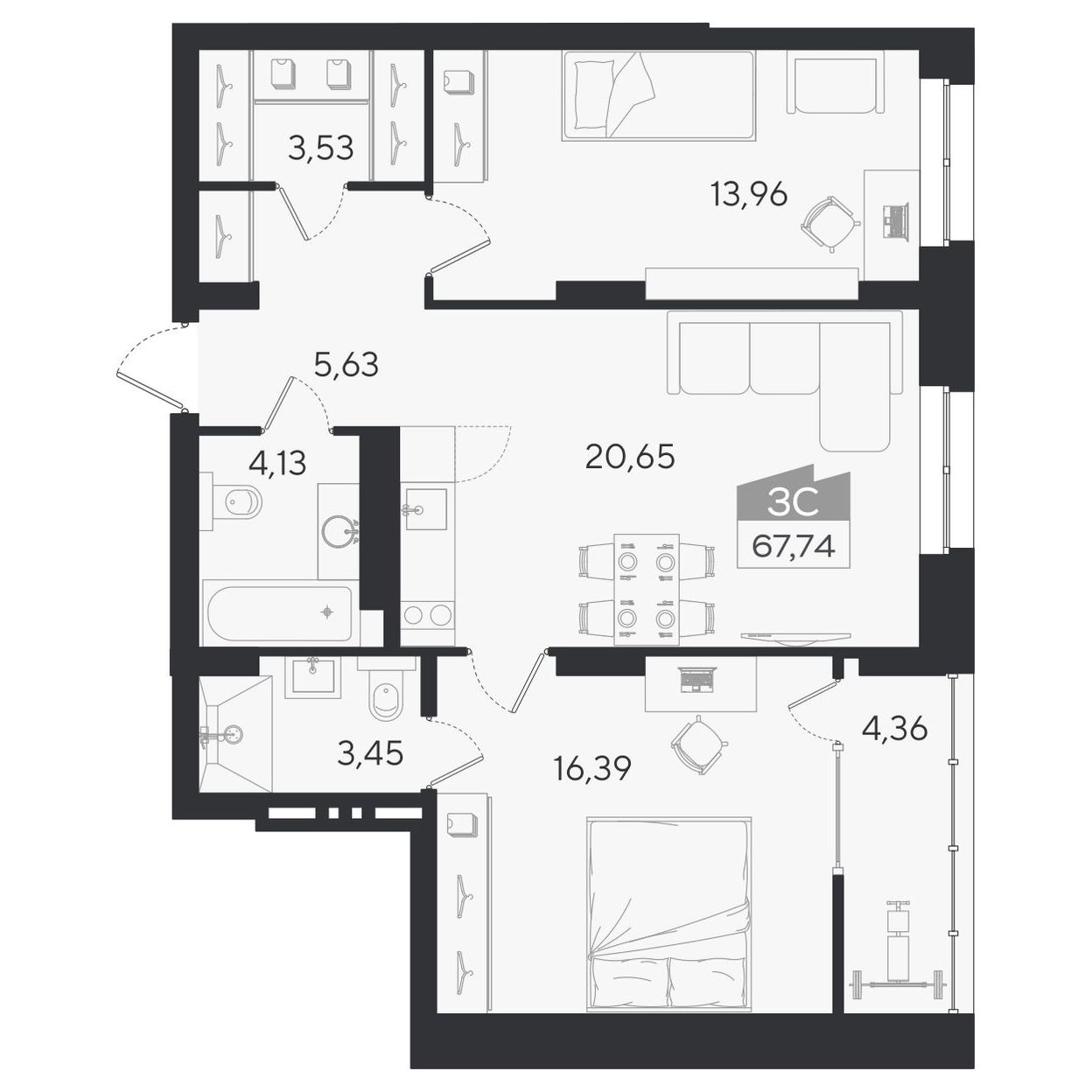 Планировка: 3-комнатная 67,74 м² в ЖК «Ясный берег»