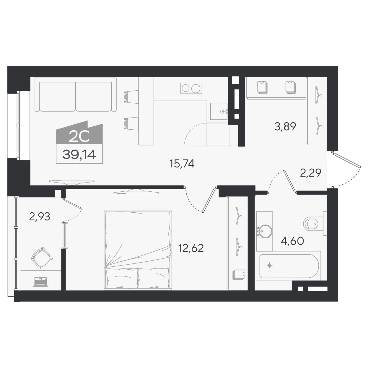 Планировка: 2-комнатная 39,14 м² в ЖК «Ясный берег»