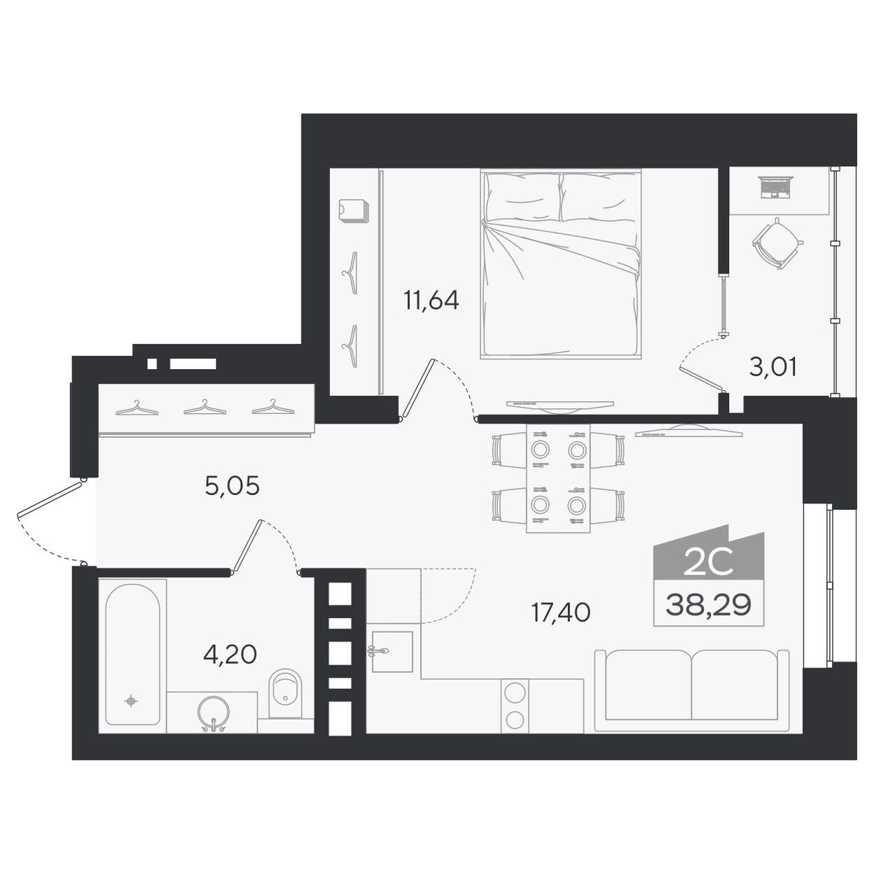 Планировка: 2-комнатная 38,29 м² в ЖК «Ясный берег»