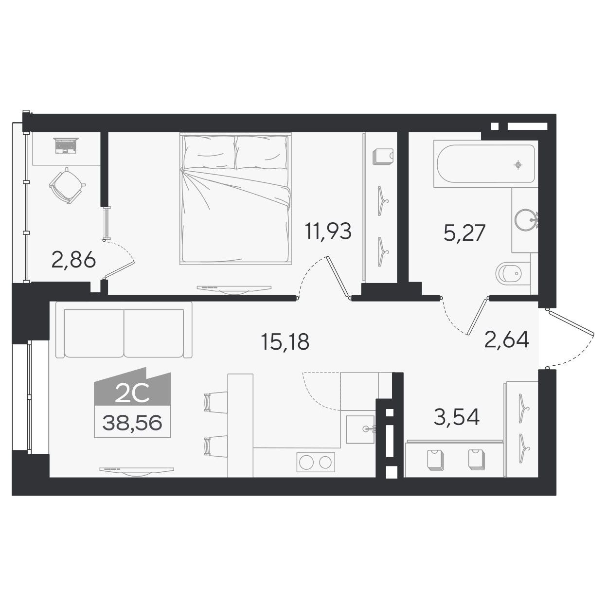 Планировка: 2-комнатная 38,56 м² в ЖК «Ясный берег»