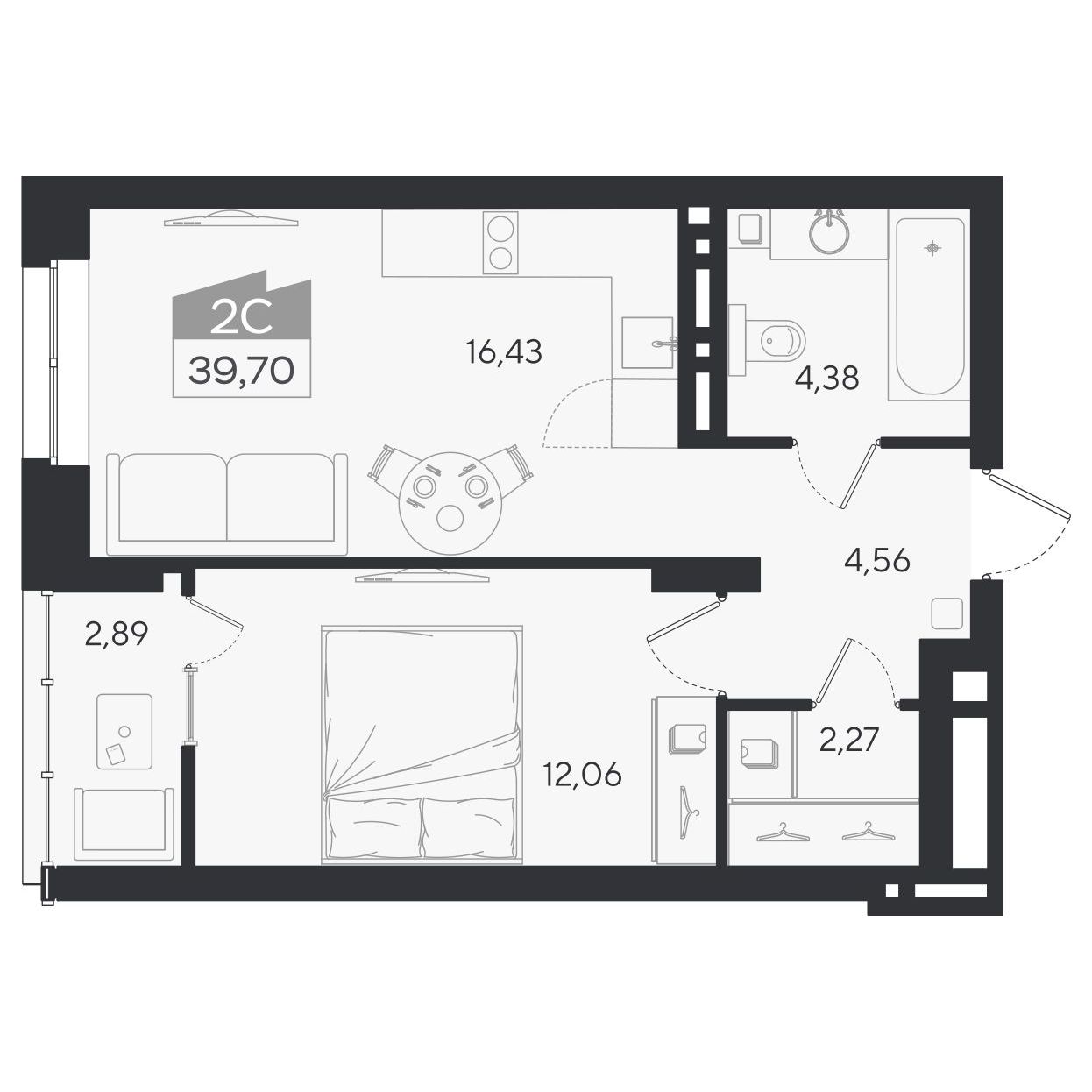 Планировка: 2-комнатная 39,7 м² в ЖК «Ясный берег»