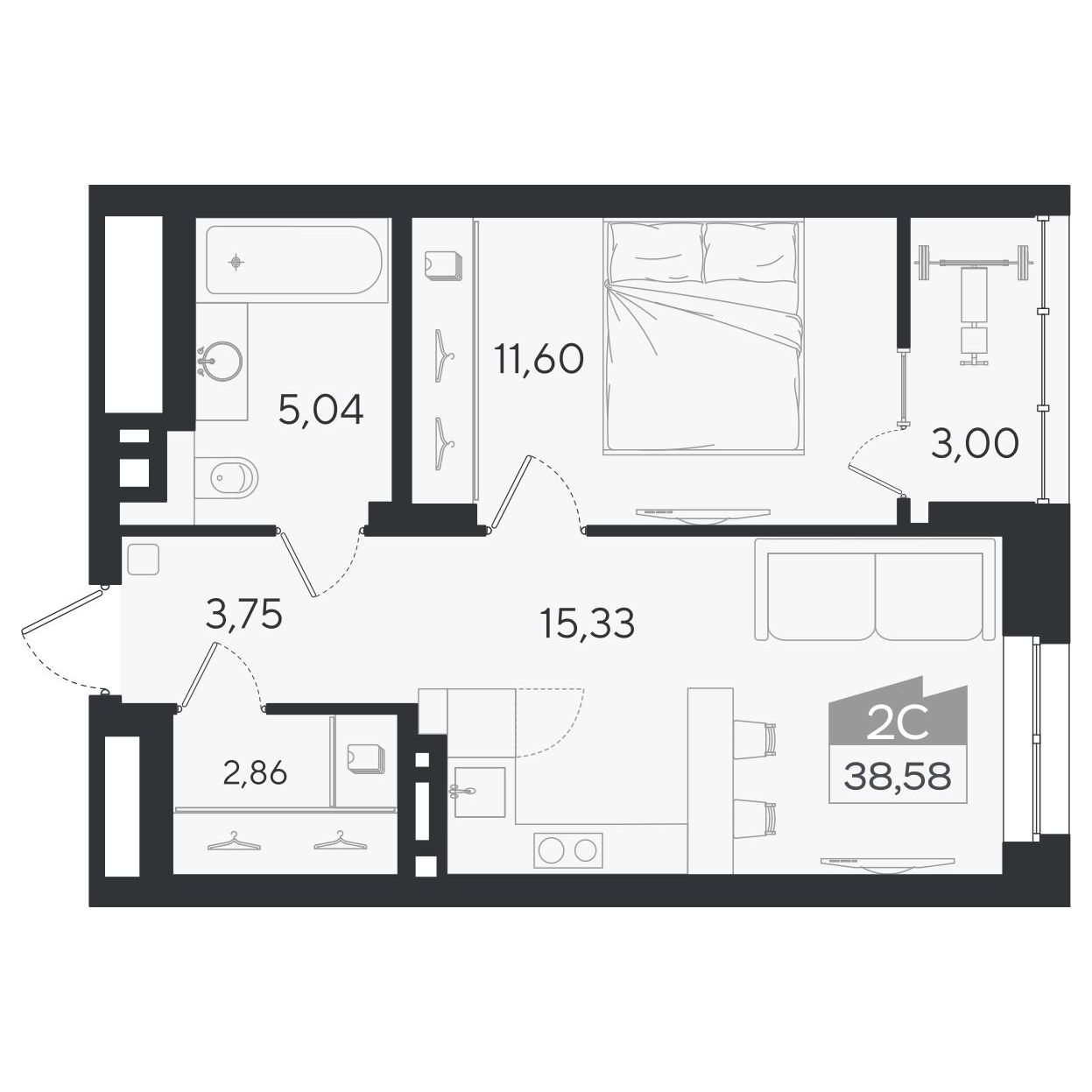 Планировка: 2-комнатная 38,58 м² в ЖК «Ясный берег»
