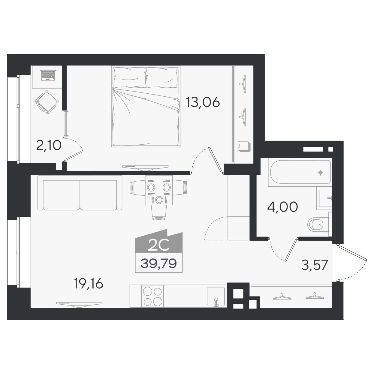 Планировка: 2-комнатная 39,79 м² в ЖК «Ясный берег»