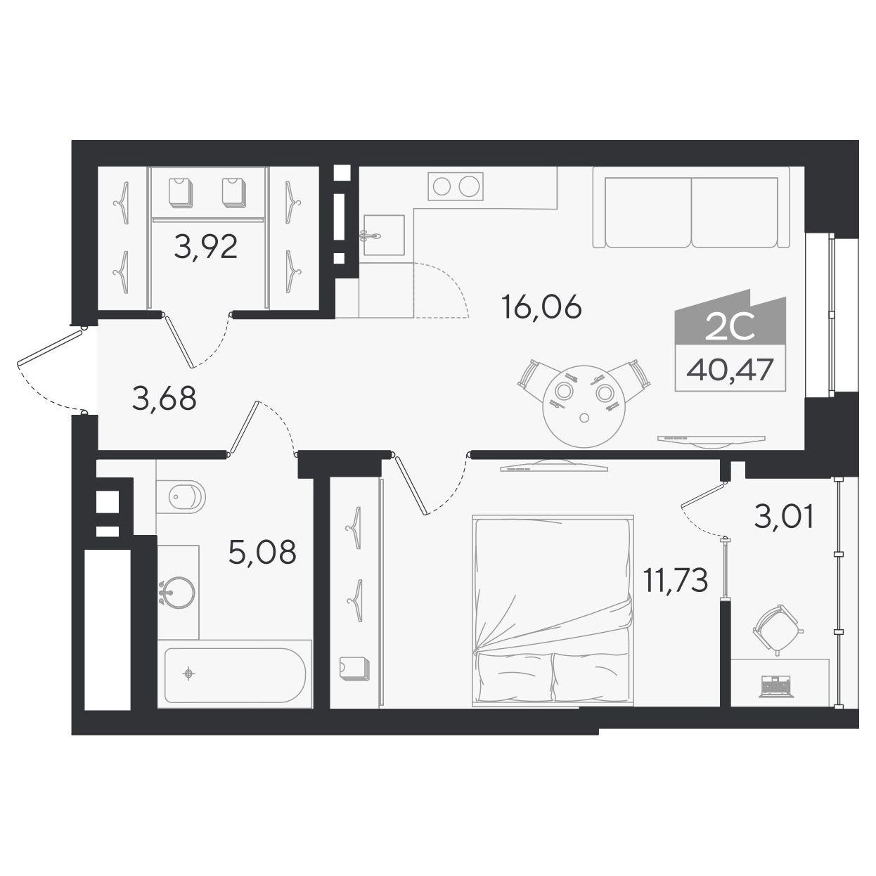 Планировка: 2-комнатная 40,47 м² в ЖК «Ясный берег»