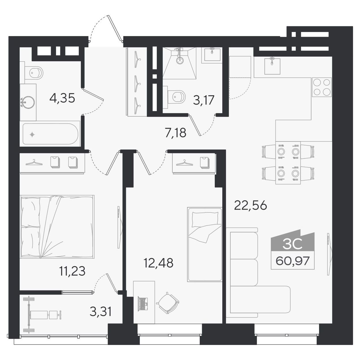 Планировка: 3-комнатная 61,17 м² в ЖК «Ясный берег»