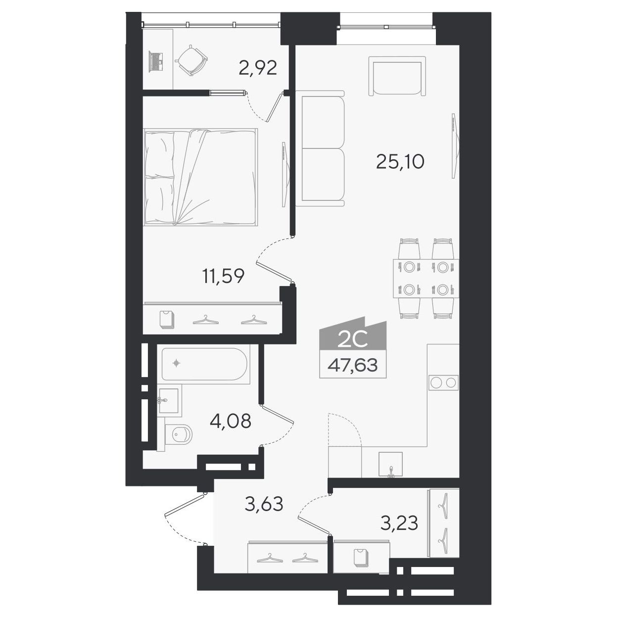 Планировка: 2-комнатная 47,6 м² в ЖК «Ясный берег»