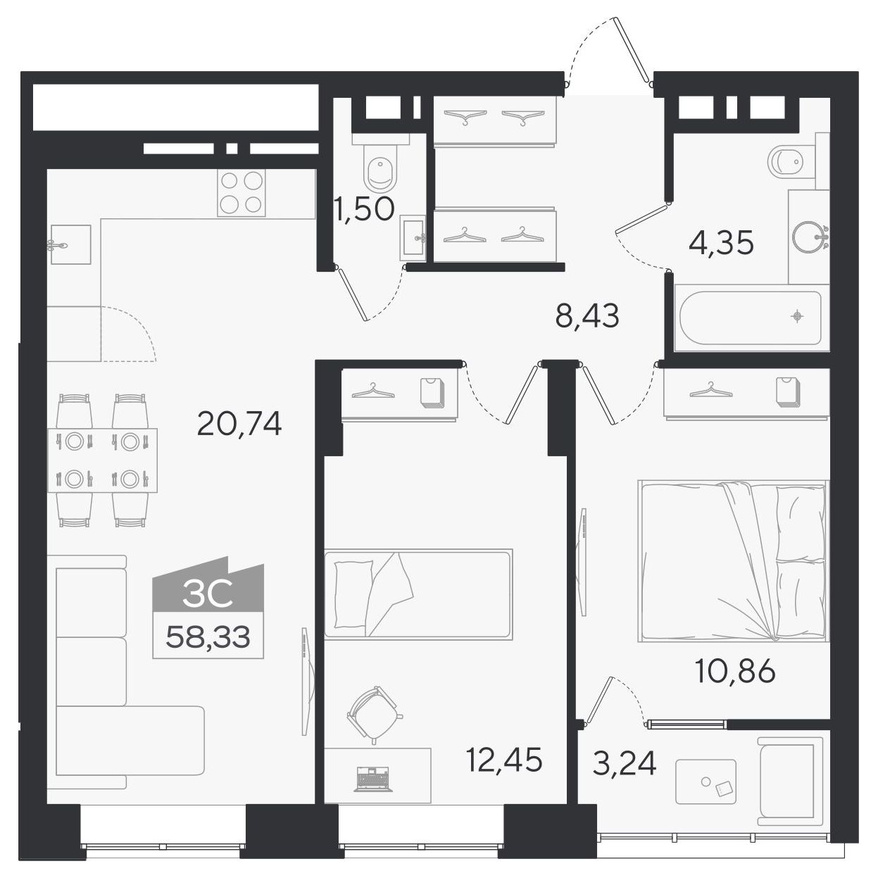 Планировка: 3-комнатная 58,5 м² в ЖК «Ясный берег»