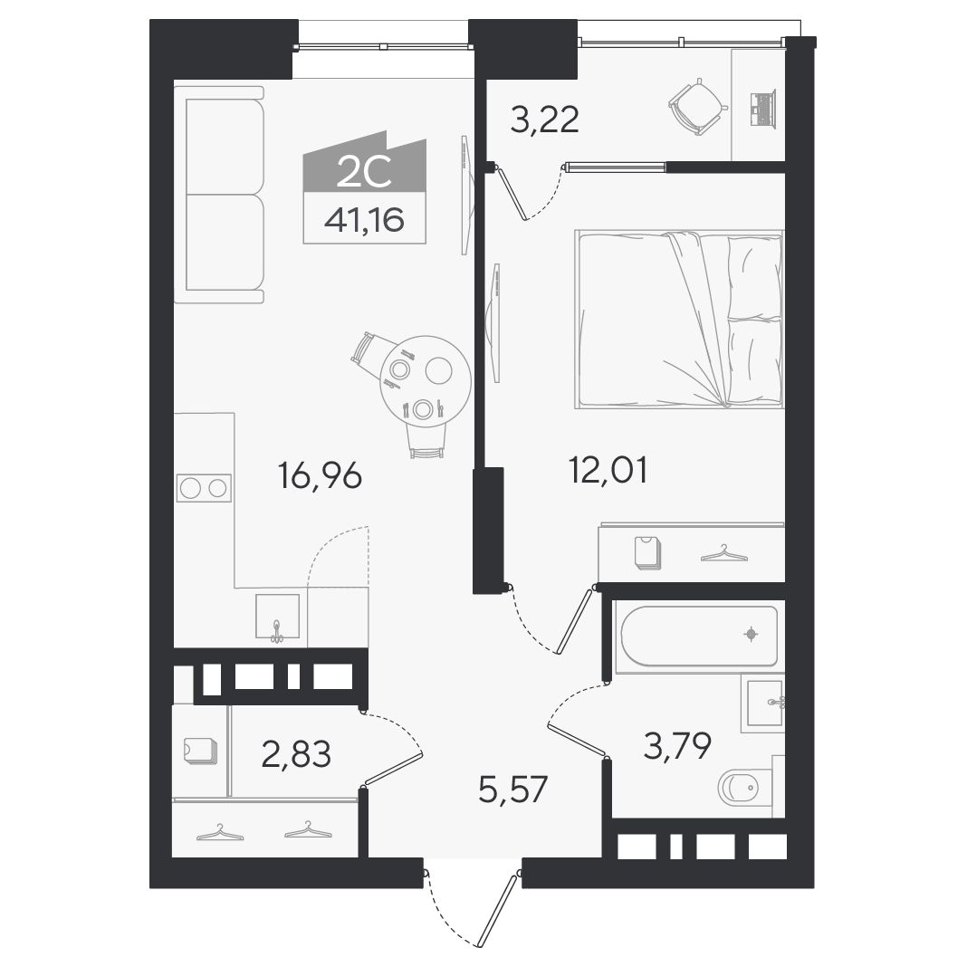 Планировка: 2-комнатная 41,33 м² в ЖК «Ясный берег»