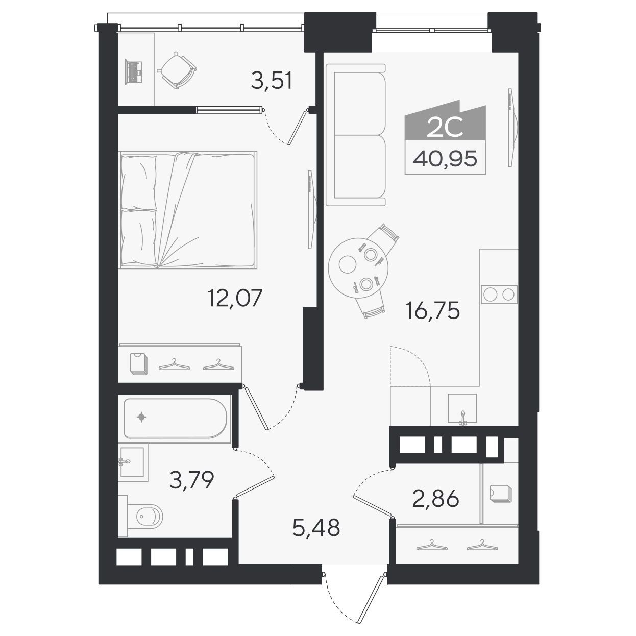 Планировка: 2-комнатная 41,12 м² в ЖК «Ясный берег»