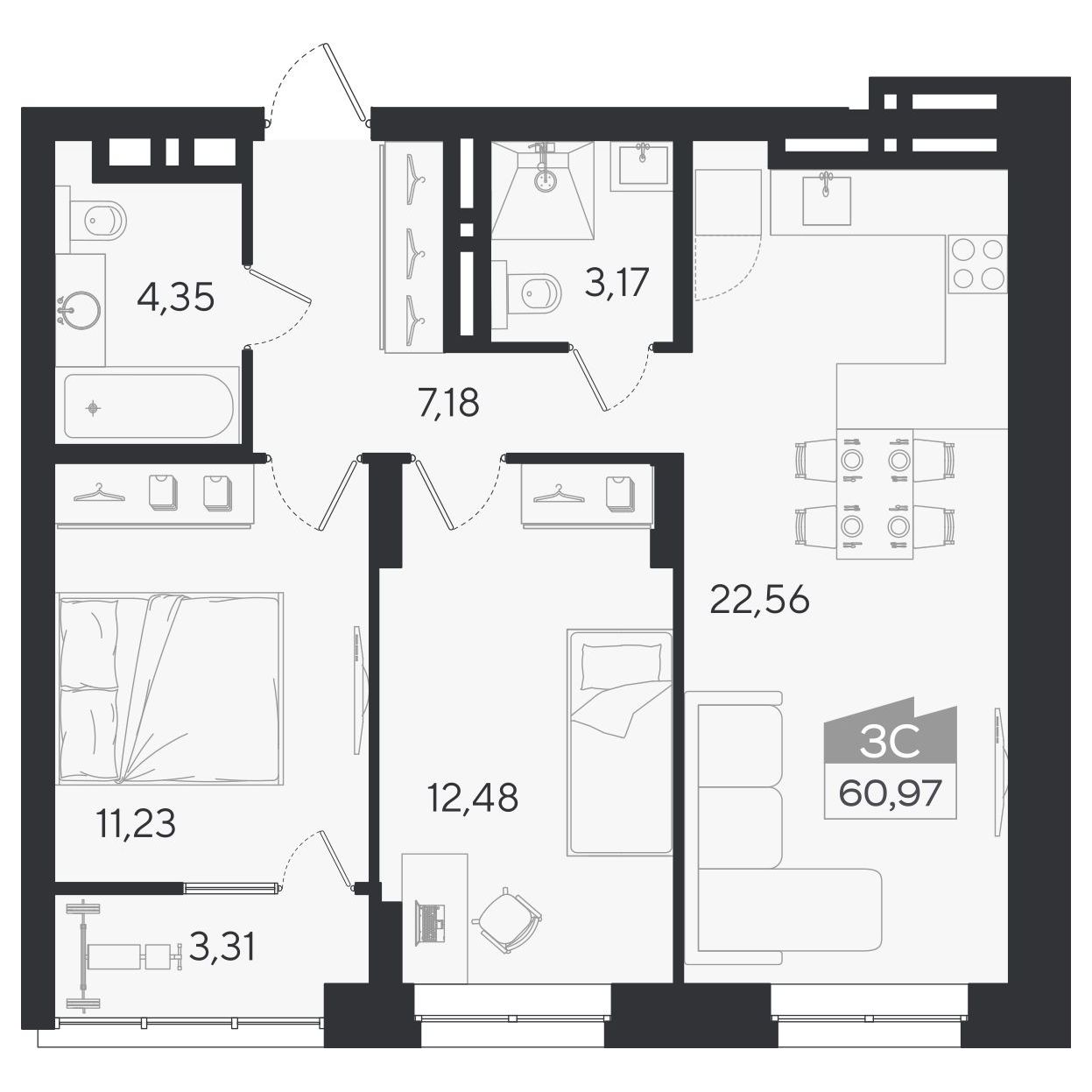 Планировка: 3-комнатная 61,17 м² в ЖК «Ясный берег»