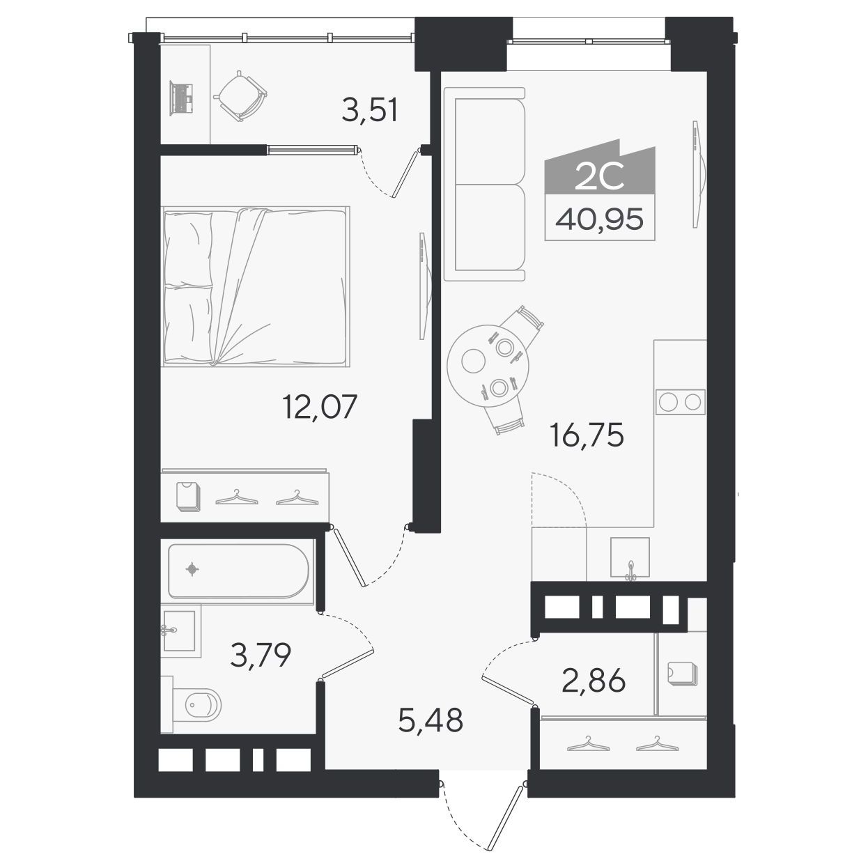 Планировка: 2-комнатная 41,12 м² в ЖК «Ясный берег»
