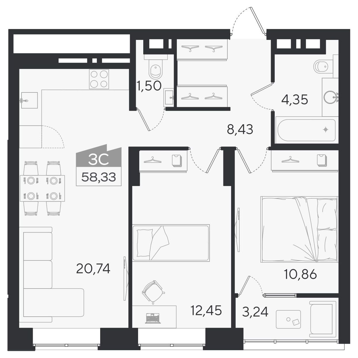 Планировка: 3-комнатная 58,5 м² в ЖК «Ясный берег»