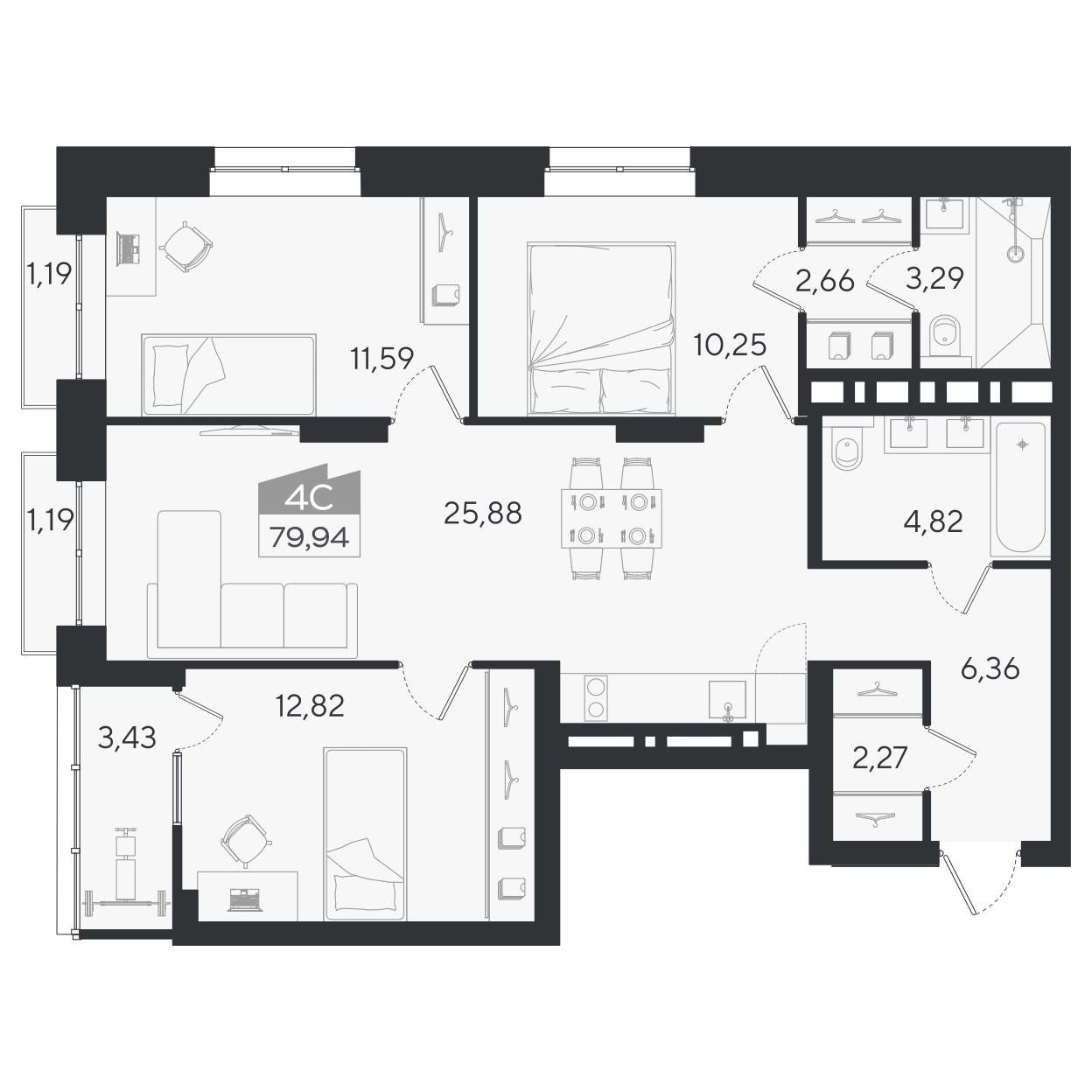 Планировка: 4-комнатная 79,94 м² в ЖК «Ясный берег»