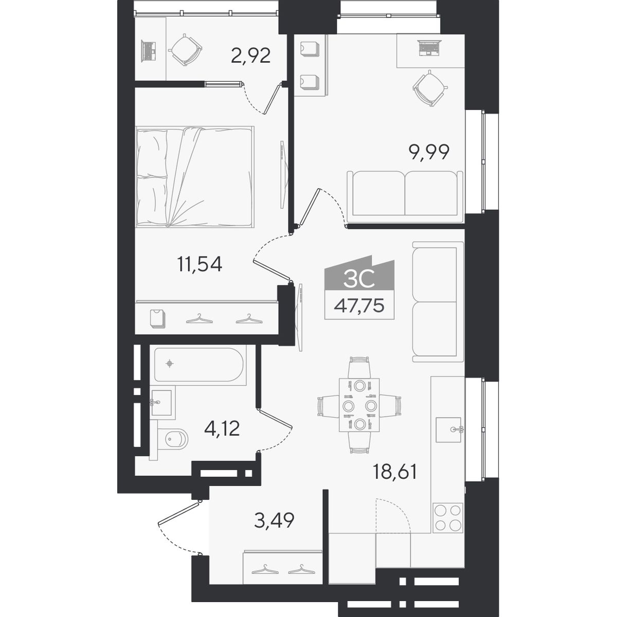 Планировка: 3-комнатная 47,75 м² в ЖК «Ясный берег»