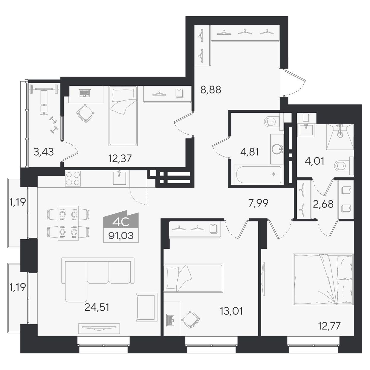 Планировка: 4-комнатная 91,03 м² в ЖК «Ясный берег»