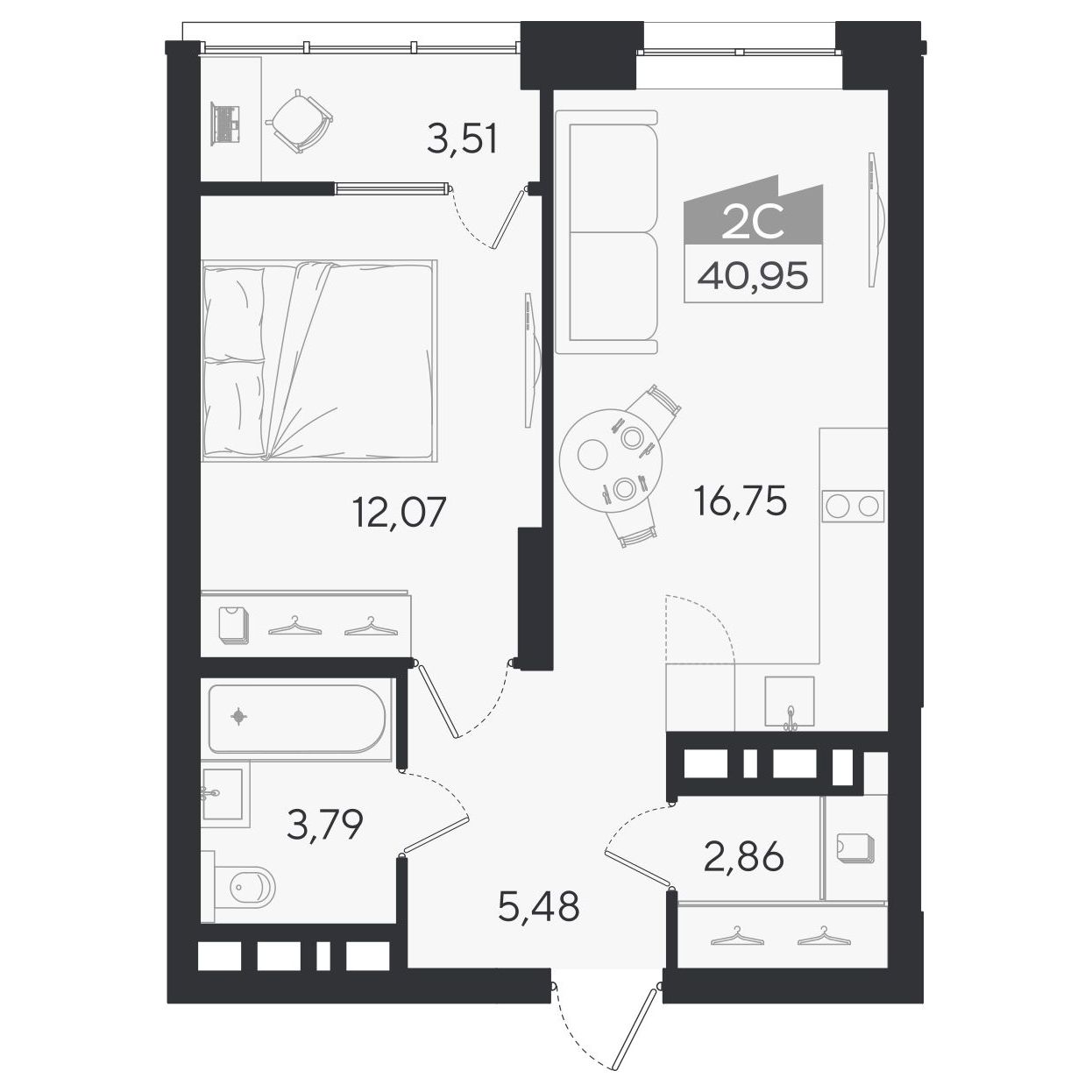 Планировка: 2-комнатная 40,95 м² в ЖК «Ясный берег»