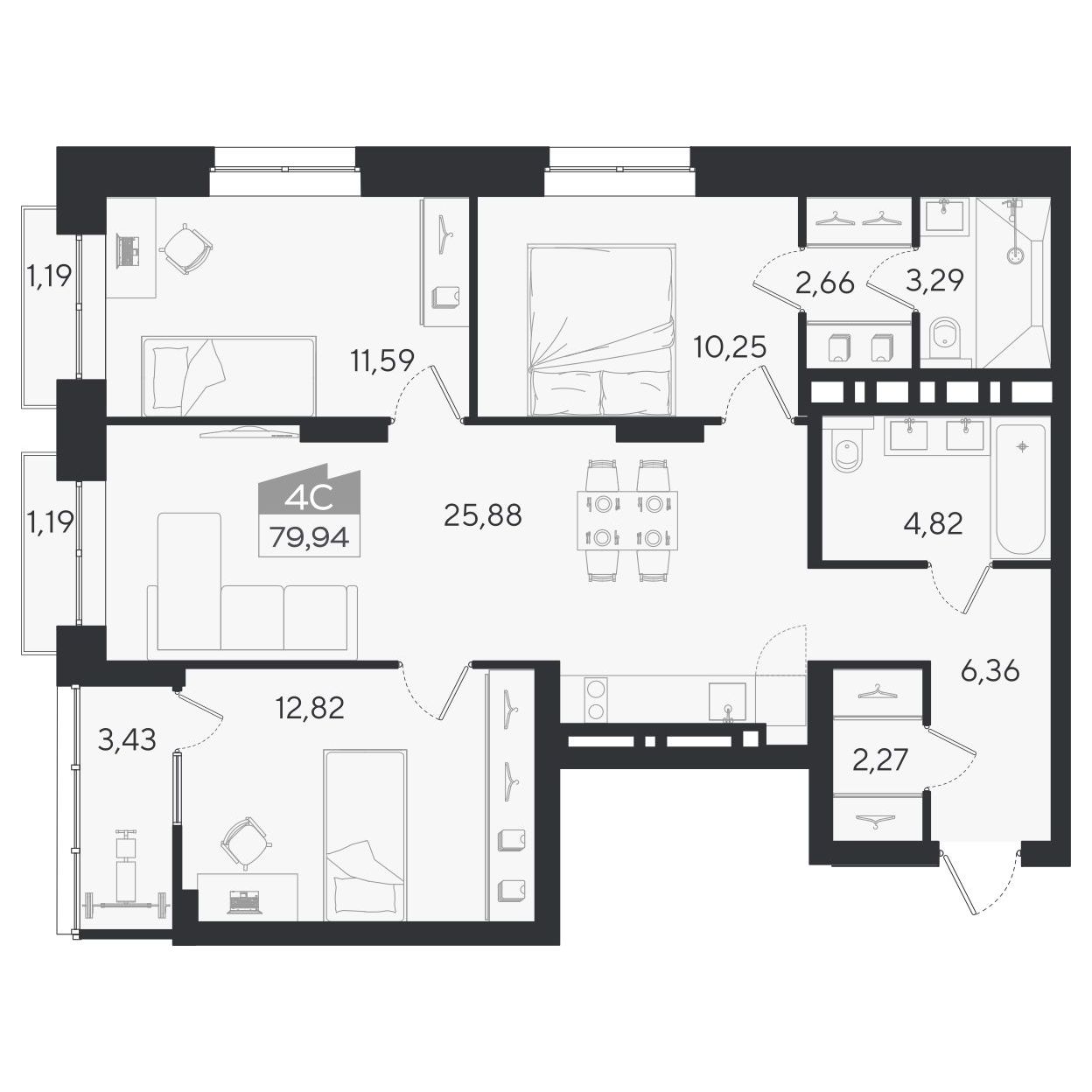 Планировка: 4-комнатная 79,94 м² в ЖК «Ясный берег»