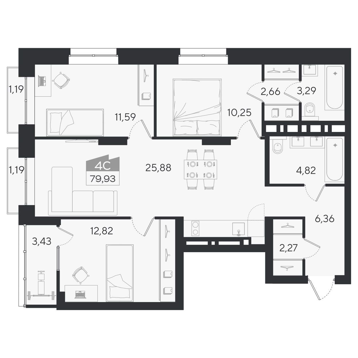 Планировка: 4-комнатная 79,93 м² в ЖК «Ясный берег»