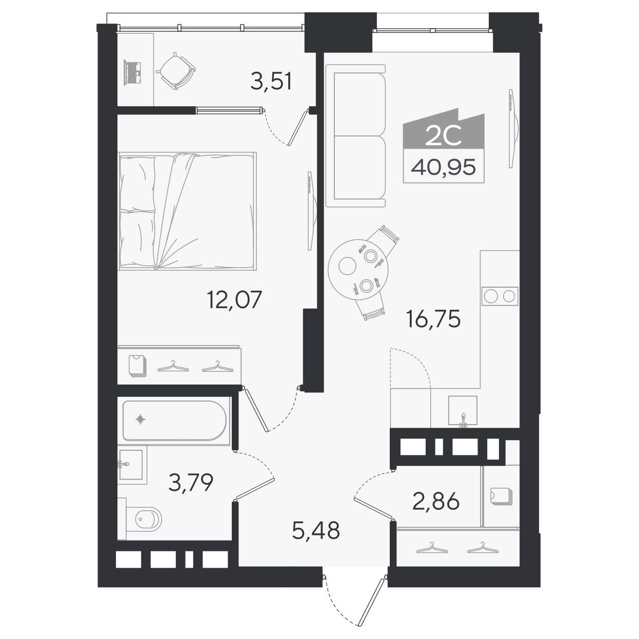 Планировка: 2-комнатная 40,95 м² в ЖК «Ясный берег»