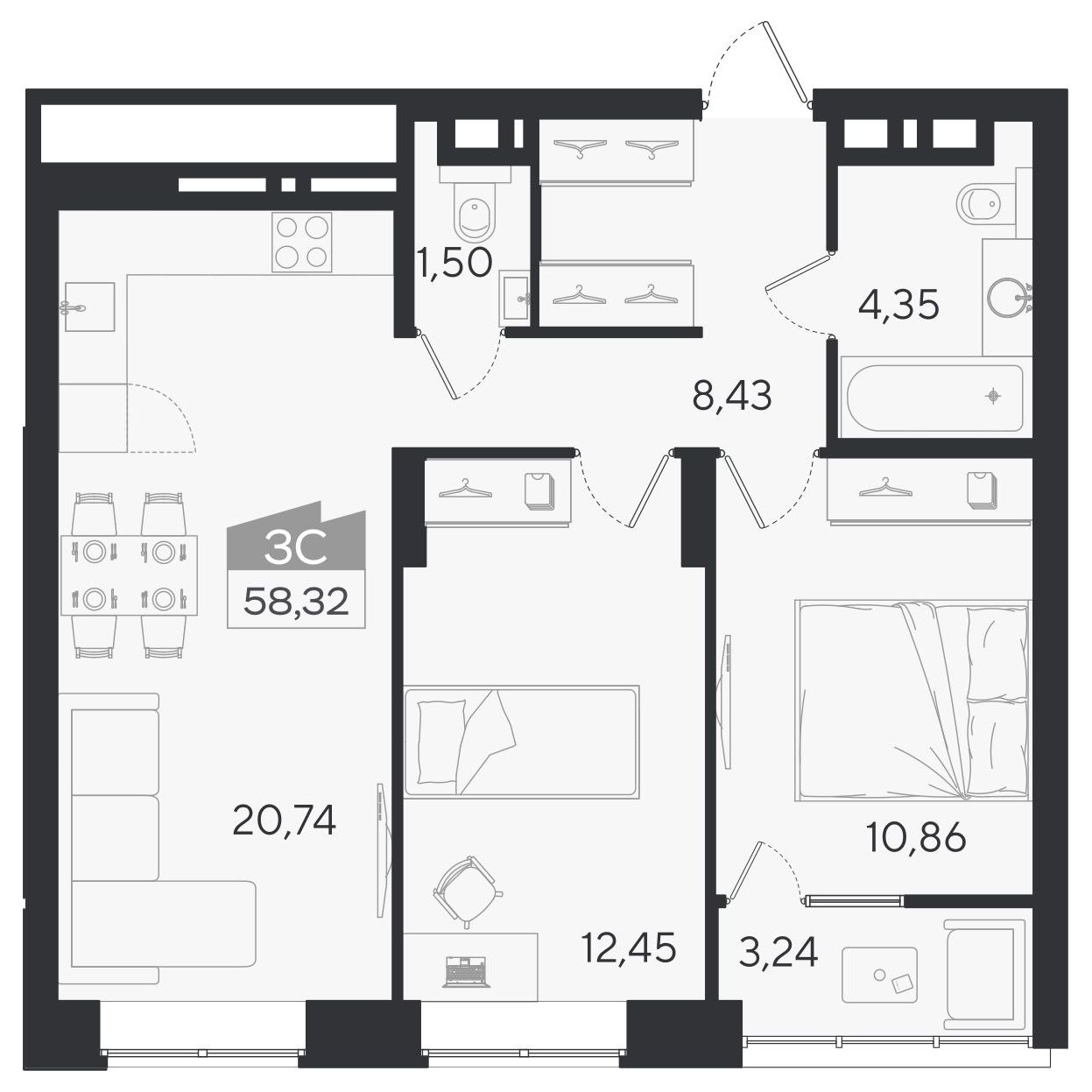 Планировка: 3-комнатная 58,32 м² в ЖК «Ясный берег»